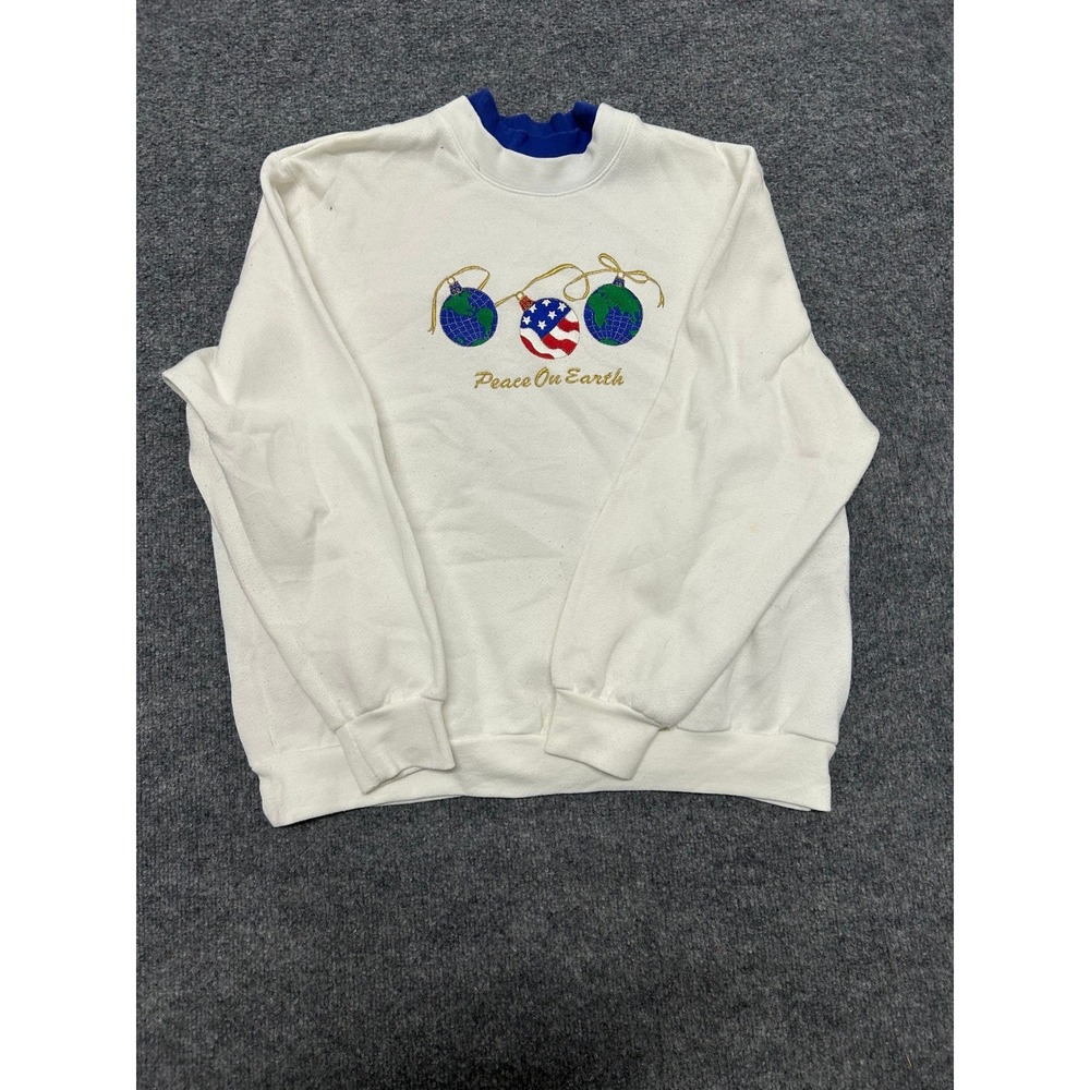 Bonworth Sweatshirt Womens Size PM White Peace On Earth Globe Double Neck Stain